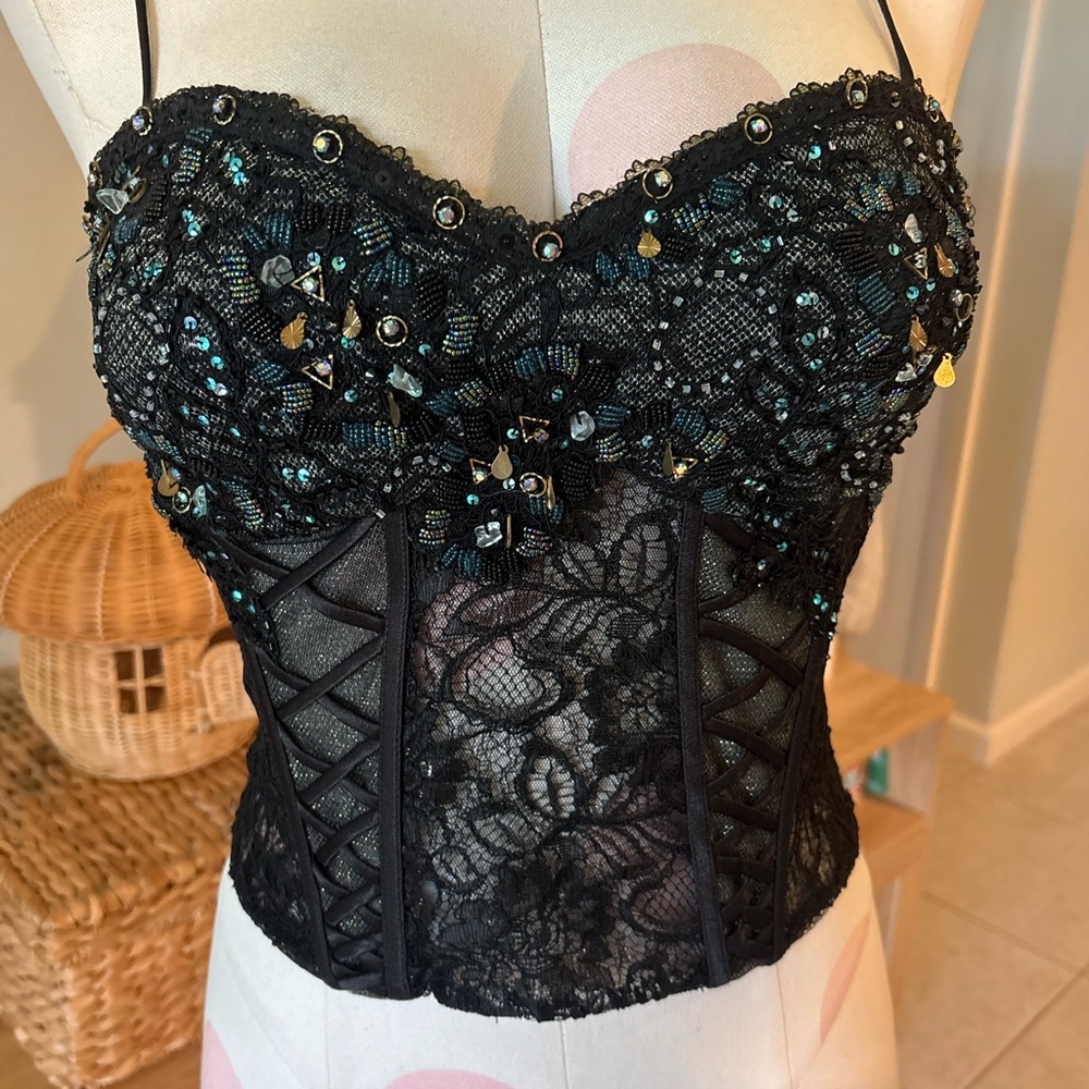 Vintage 2000s Black Embellished Lace Bustier